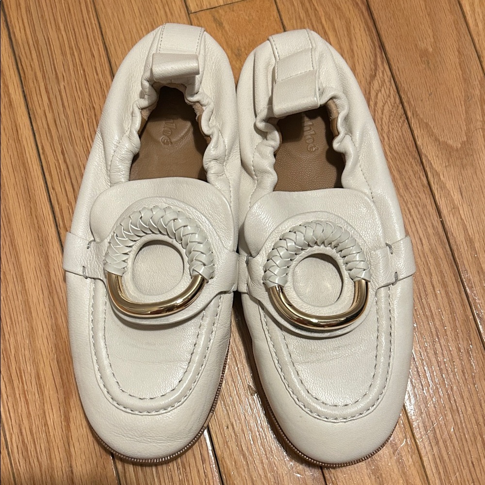 See By Chloe Cream Loafers with Gold Detail
